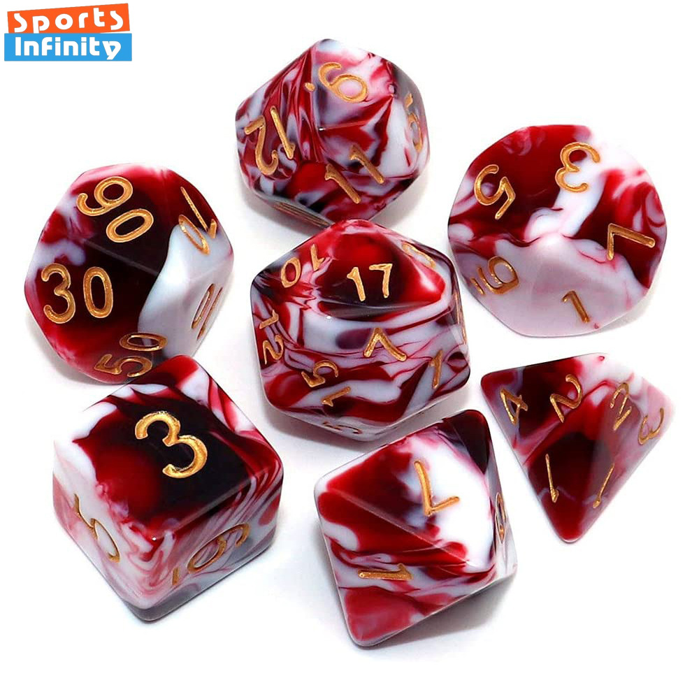 Board Game Font - 7 ピース/セットダブルカラー多面体ダイスゴールドフォント番号ダイスキット TRPG RPG D20 D12