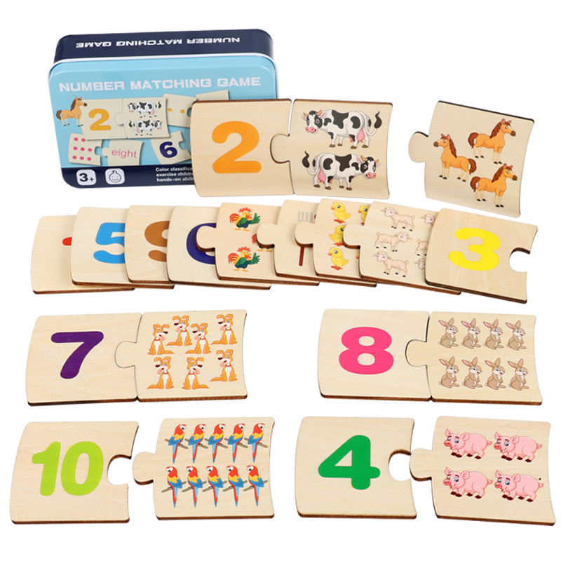 Board Game Organization - 子供向け鉄箱ナンバー啓発ペアリング木製動物フードパズルボード論理的思考トレーニングゲーム知育玩具